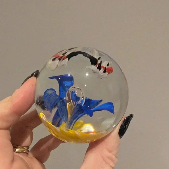 Czech Handcrafted Glass Paperweight with Blue and Yellow Design - Picture 4 of 10